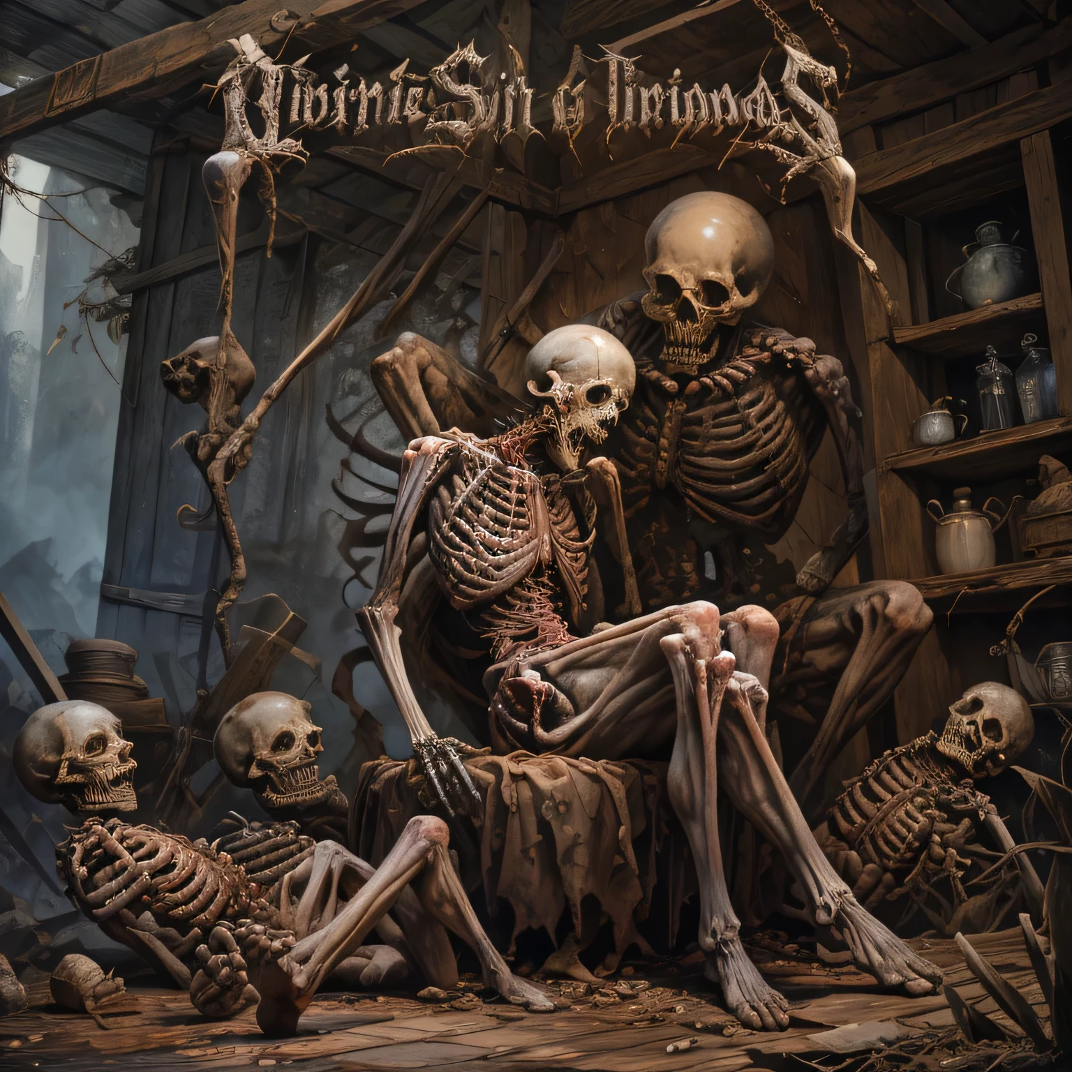 a skeleton Seated, lost in contemplation, memories of yesteryears flood back. With each sip of coffee, the past unfolds like a story, painting a vivid picture of moments cherished and lessons learned, DEATHMETAL, high resolution, detailed