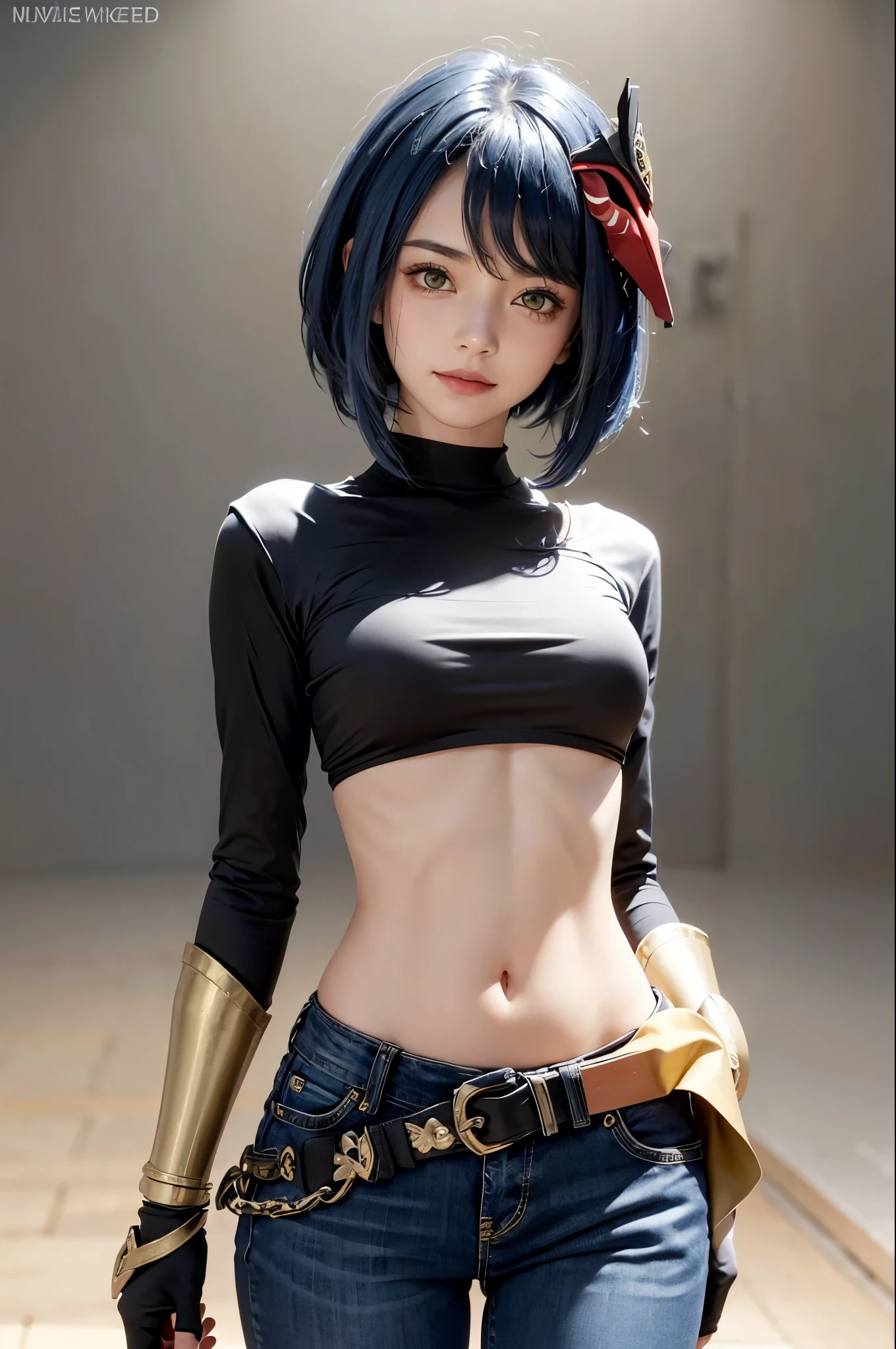 1girl, (long sleeved top, skinny jeans, iron belt), ((midriff, navel)), smile, looking at viewer, flat background, standing, (cinematic lighting, best quality, masterpiece, high details, best quality, highres, HD, 4K, 8k, super detail), (kujou sara:1.3), (mask on head, blue hair, short hair, yellow eyes)