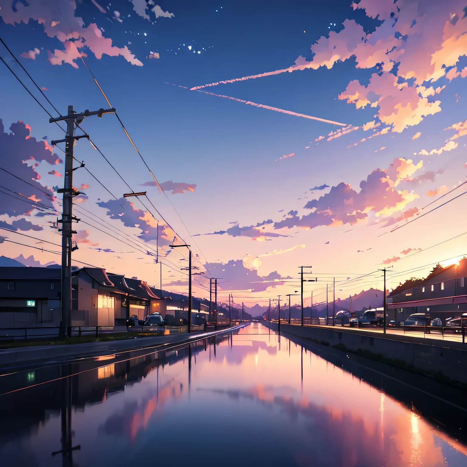anime scene of a train passing under a pink and purple sky, an anime drawing by Makoto Shinkai, trending on pixiv, magical realism, beautiful anime scene, cosmic skies. by makoto shinkai, ( ( makoto shinkai ) ), by makoto shinkai, anime background art, style of makoto shinkai