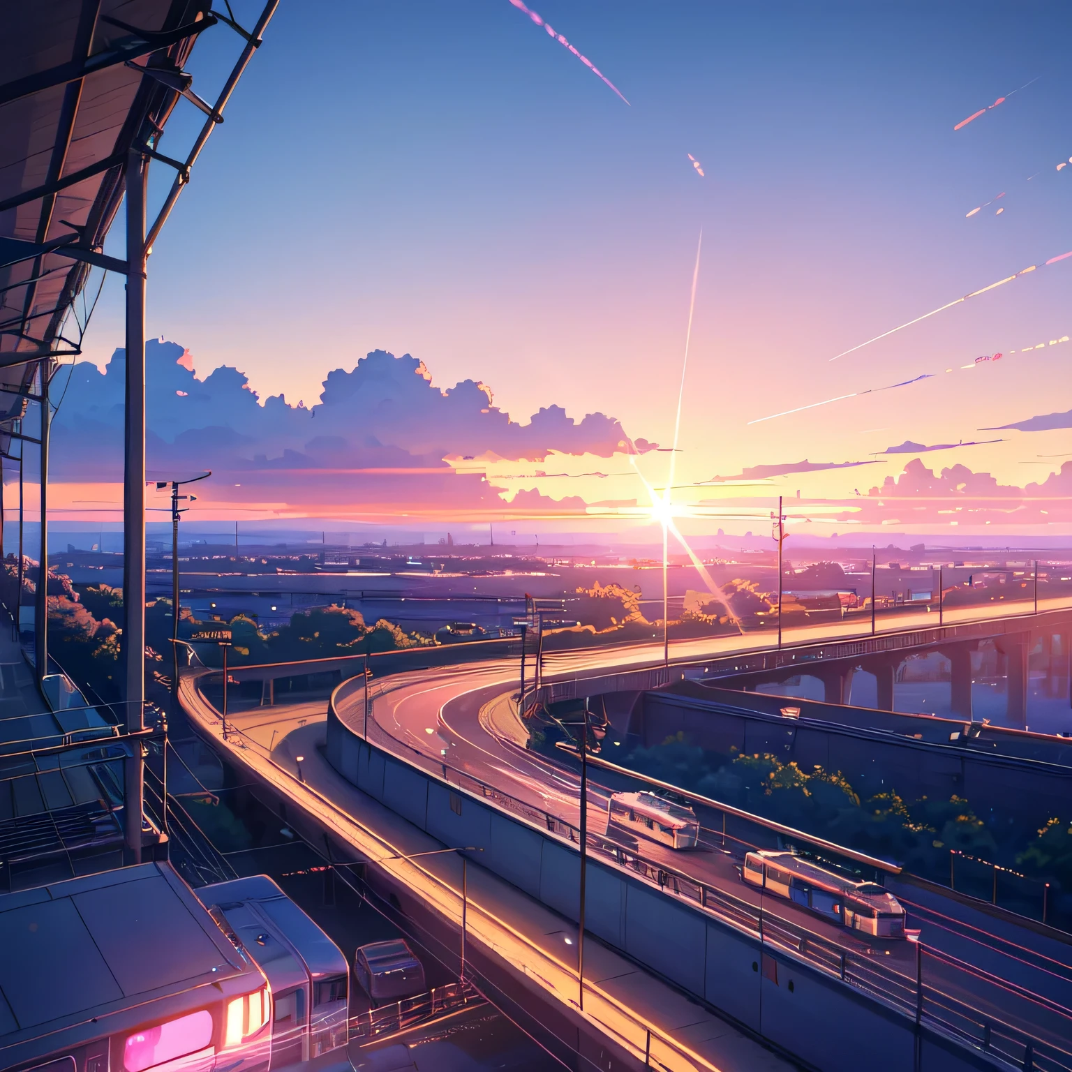 anime scene of a train passing under a pink and purple sky, an anime drawing by Makoto Shinkai, trending on pixiv, magical realism, beautiful anime scene, cosmic skies. by makoto shinkai, ( ( makoto shinkai ) ), by makoto shinkai, anime background art, style of makoto shinkai