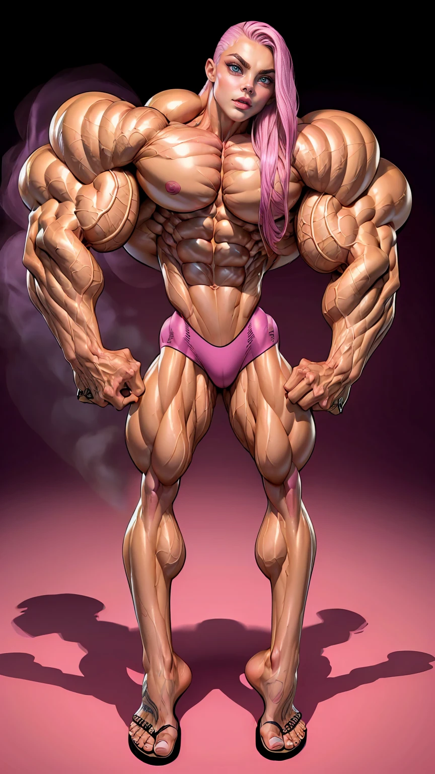 (1 girl:1.25), (cara delevingne:1.25), young girl, masculine physique, seductive face, seductive look, long pink hair, perfect muscular body, super skinny legs, naked, sissy, femboy, (huge muscular arms:1.25),