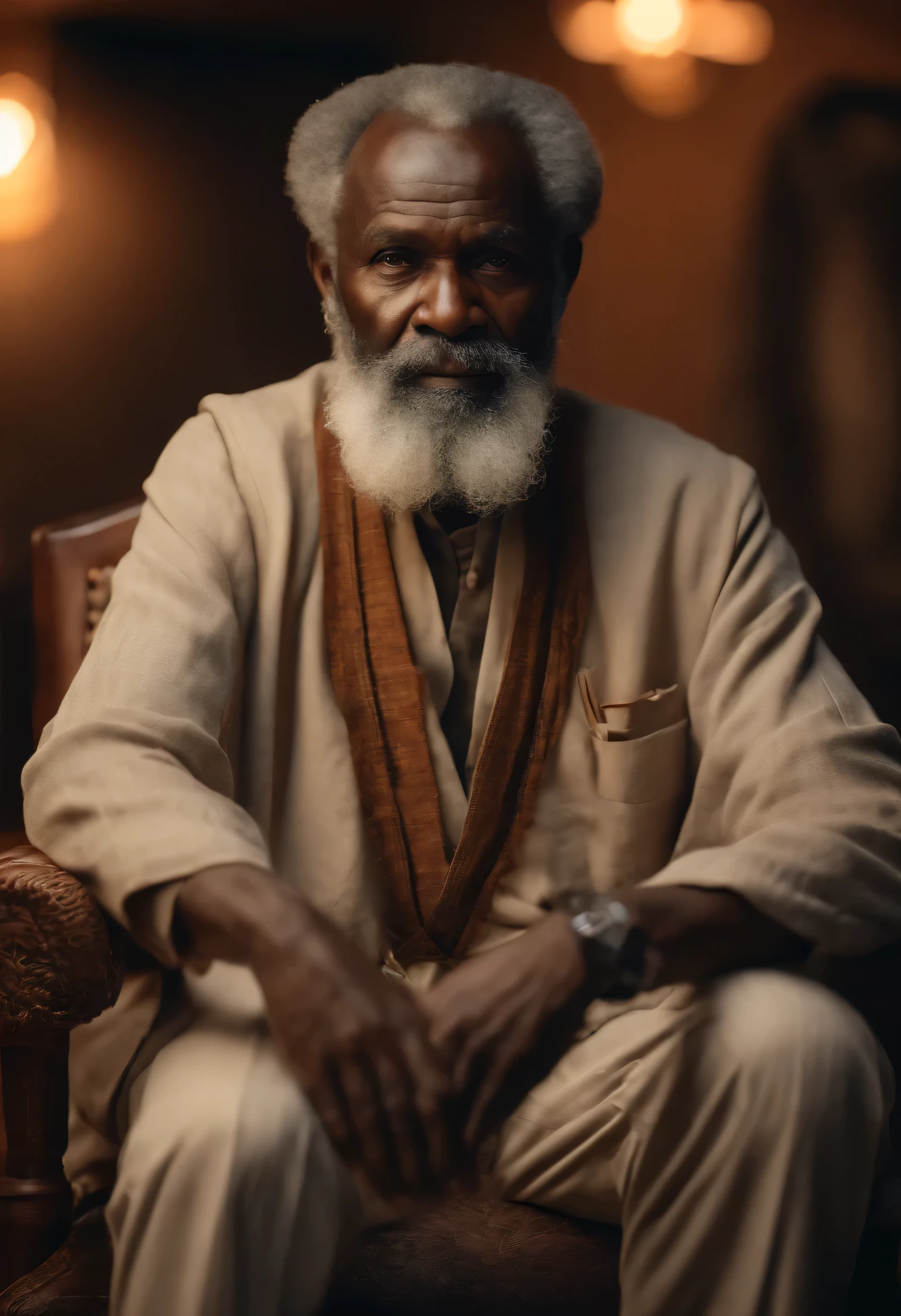 Portrait of an Old African Man, longues barbes et cheveux gris, avec une tenue en lin, et plein de sagesse, Assis sur une chaise (best quality,4k,8K,high resolution,chef-d&#39;artwork:1.2), Ultra-detailed, (Realistic,photoRealistic,photo-Realistic:1.37), hdr, UHD, studio lighting, extremely detailed description, professionnel, Des couleurs vives, Bokeh, portraits, tons de couleurs chaudes, soft lighting.