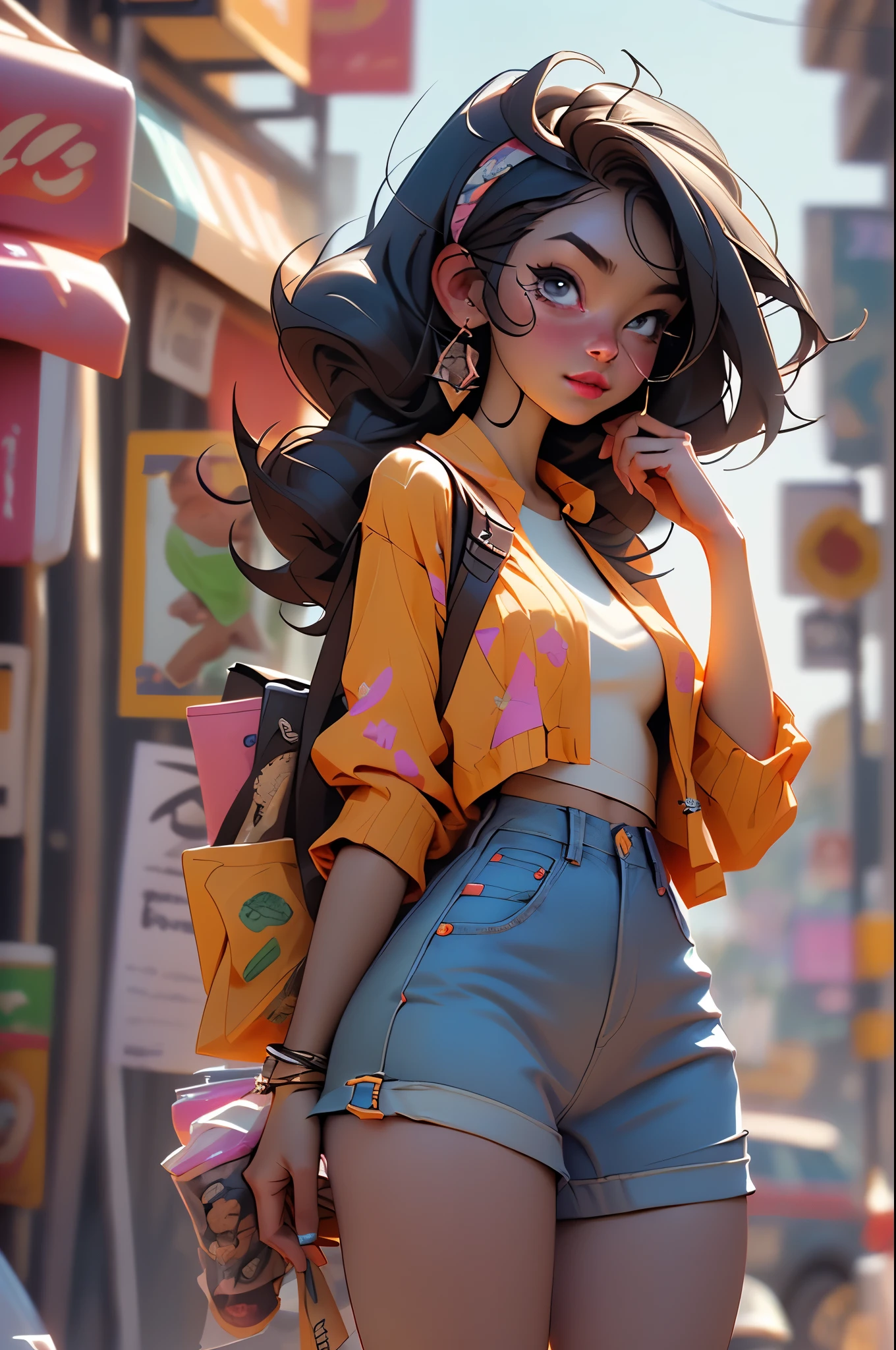 Animagine XL V3.1:1.6, (cropped profile photo), ((1 beautiful young African-American girl with dark and beautiful skin, black hair, anime style hairstyle, Animagine XL style clothes: 1.5)), dynamic pose shopping on a busy street, (Hyper detailed: 1.3), ((evening light: 1.3)), ((Imaginative scene)), ((long shot: 1.4)),((Best quality)), ((work master)), 3d, (((sunset:1.2))), ((Front camera)), 32k .