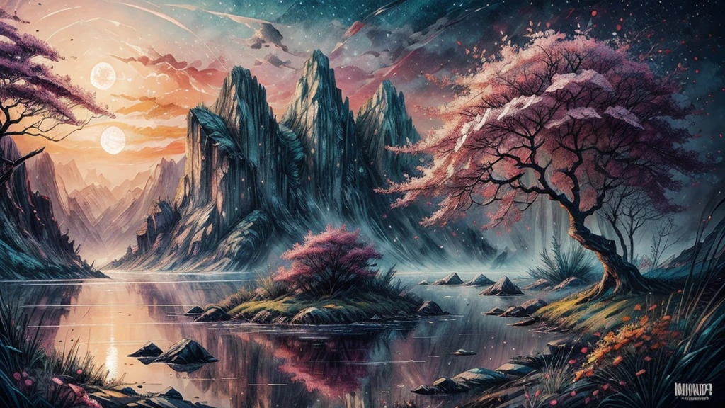 "bloodmoon Digital watercolor Illustration of a summerscape sunset,  Carne Griffiths, Minjae Lee, Ana Paula Hoppe, Stylized watercolor art, Intricate, Complex contrast, HDR, Sharp, soft Cinematic Volumetric lighting, flowery pastel colours, wide long shot, perfect masterpiece""detailed matte painting, deep color, fantastical, intricate detail, splash screen, complementary colors, fantasy concept art, 8k resolution