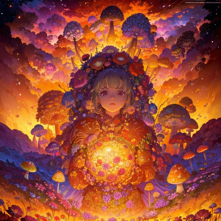 cinematic lighting, wide shot, high details, masterpiece, super detailed, lots of mushrooms and flowers, very colorfull, strong colours, flower power, chaotic, asymetrical, prominent sky of large planets and stars