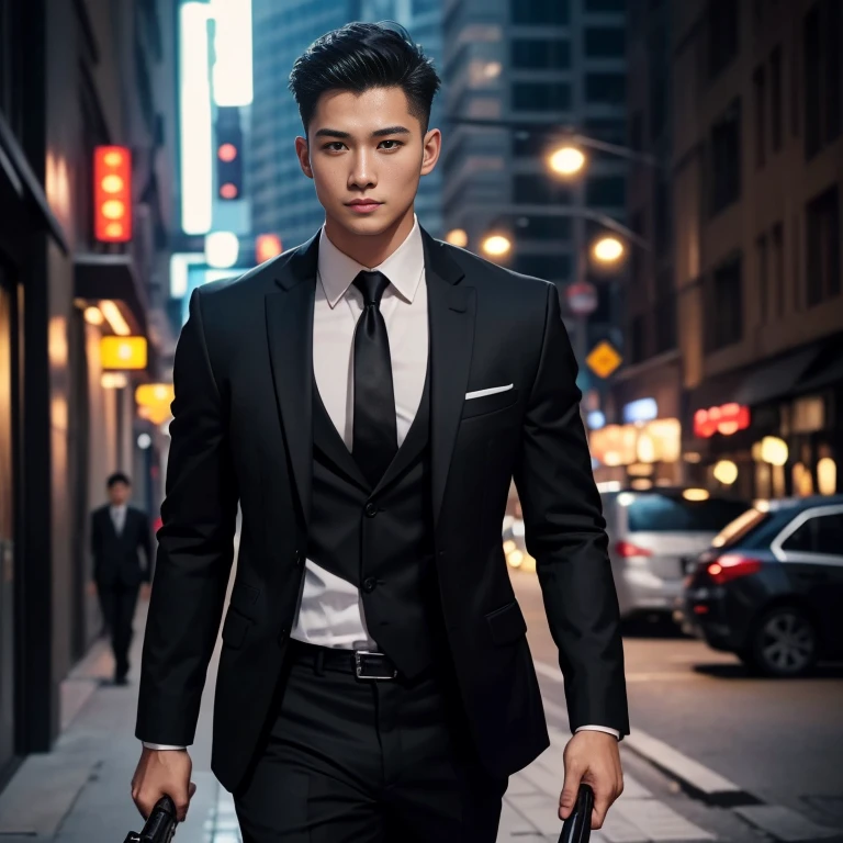 A bald, 25-year-old man wearing a suit and tie walks down the street at night. Holding a realistic shotgun, man in black, wearing a black suitและสีแดง, Wear a business suitที่เข้มงวด, wearing a black suit, Wear a business suit, wearing a black suit, Wear a business suit, Wear a business suitสีดำ, in strict clothing, Professional photos with good lighting, Handsome Chad Chin, A great and beautiful portrait.