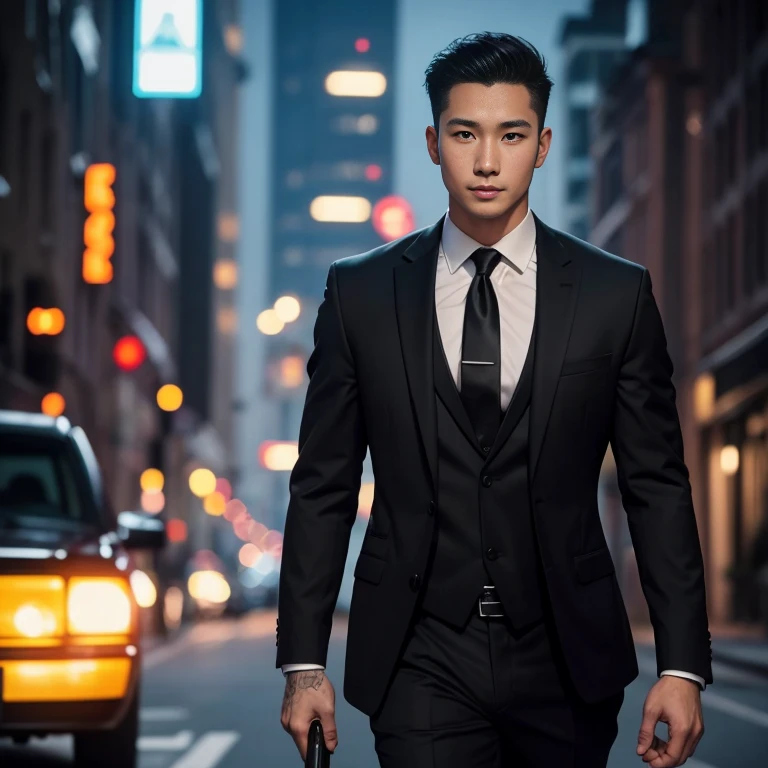 A bald, 25-year-old man wearing a suit and tie walks down the street at night. Holding a realistic shotgun, man in black, wearing a black suitและสีแดง, Wear a business suitที่เข้มงวด, wearing a black suit, Wear a business suit, wearing a black suit, Wear a business suit, Wear a business suitสีดำ, in strict clothing, Professional photos with good lighting, Handsome Chad Chin, A great and beautiful portrait.