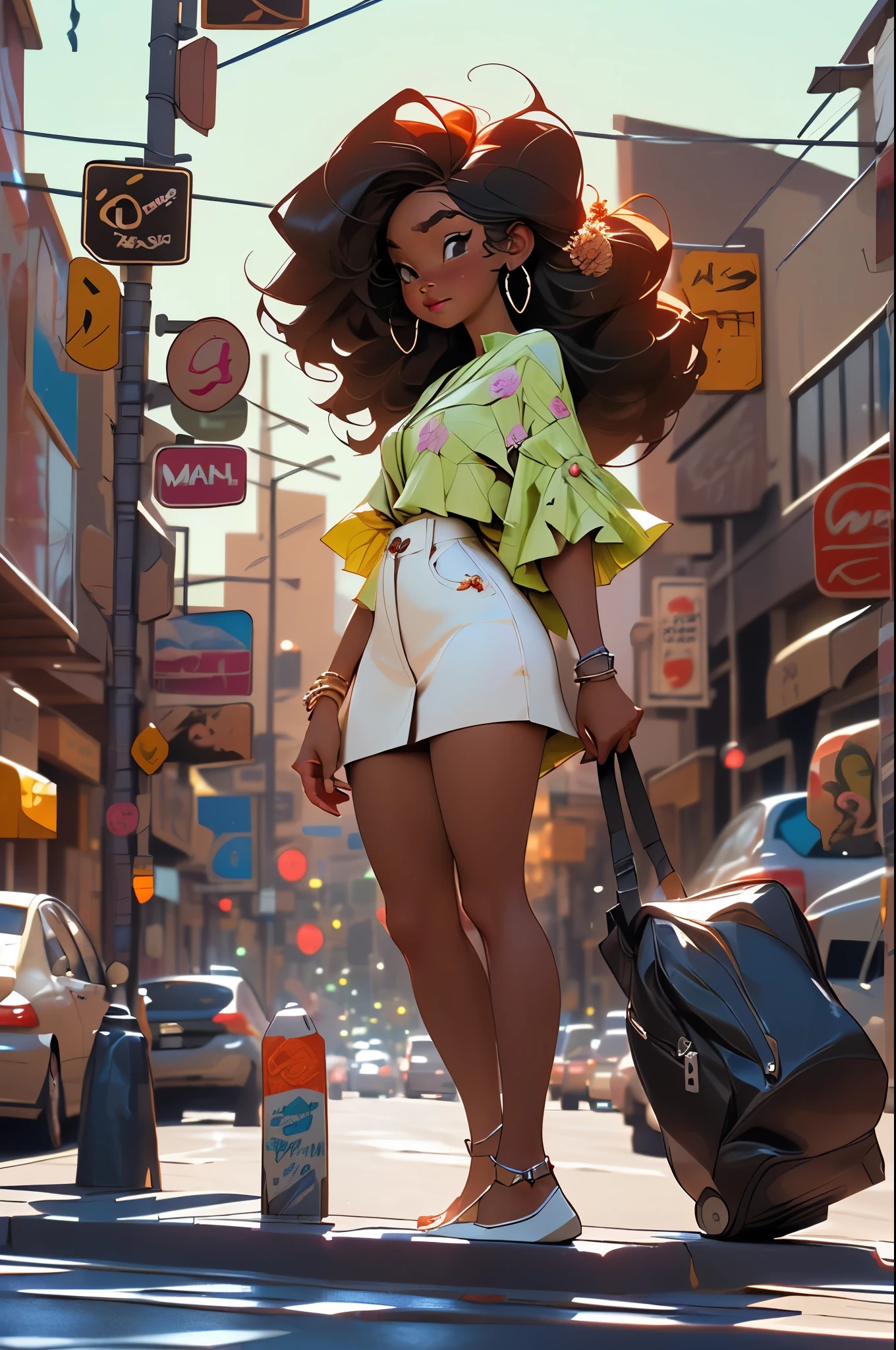Animagine XL V3.1:1.6, (cropped profile photo), ((1 beautiful young African-American girl with dark and beautiful skin, black hair, anime style hairstyle, Animagine XL style clothes: 1.5)), dynamic pose shopping on a busy street, (Hyper detailed: 1.3), ((evening light: 1.3)), ((Imaginative scene)), ((long shot: 1.4)),((Best quality)), ((work master)), 3d, (((sunset:1.2))), ((Front camera)), 32k .