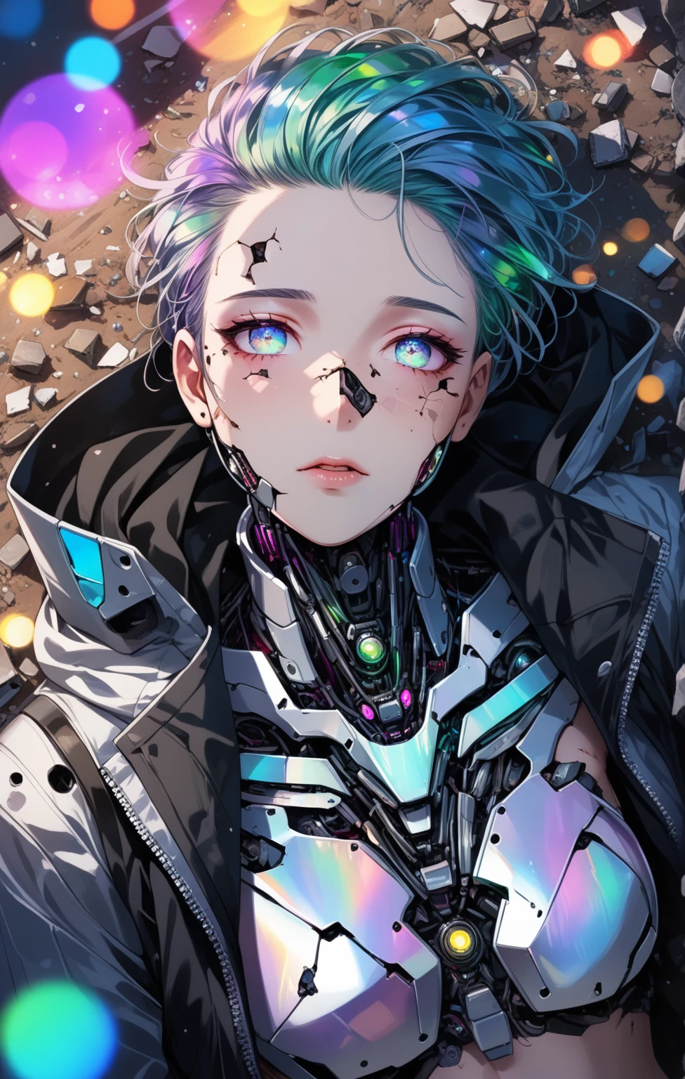((1man)), a broken ruined cyborg adult man in a landfill, robot, beautiful face, body is broken with scars and holes, laying on the ground, 8K, (dynamic perspective), sharp focus, (depth of field, bokeh:1.3), extremely detailed eyes and face, beautiful detailed eyes, hyperpunk scene, cinematic lighting, reflective transparent iridescent opaque jacket, long transparent iridescent RGB hair, ((masterpiece, best quality)), from above, upper body, navel, short hair