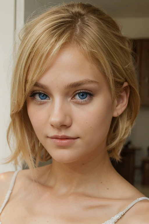 a very pretty blonde with blue eyes staring directly at the camera