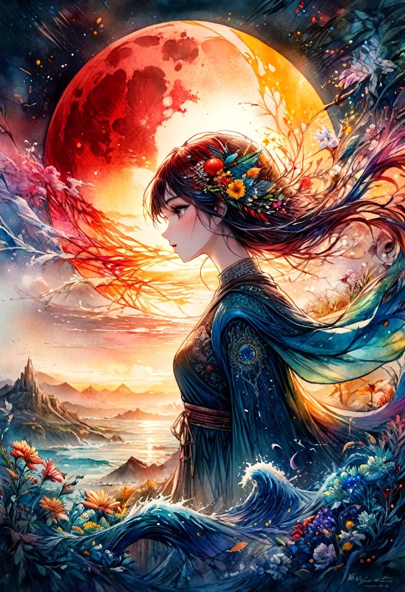 "bloodmoon Digital watercolor Illustration of a summerscape sunset,  Carne Griffiths, Minjae Lee, Ana Paula Hoppe, Stylized watercolor art, Intricate, Complex contrast, HDR, Sharp, soft Cinematic Volumetric lighting, flowery pastel colours, wide long shot, perfect masterpiece""detailed matte painting, deep color, fantastical, intricate detail, splash screen, complementary colors, fantasy concept art, 8k resolution