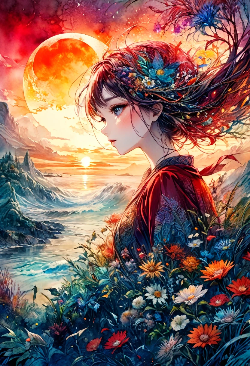 "bloodmoon Digital watercolor Illustration of a summerscape sunset,  Carne Griffiths, Minjae Lee, Ana Paula Hoppe, Stylized watercolor art, Intricate, Complex contrast, HDR, Sharp, soft Cinematic Volumetric lighting, flowery pastel colours, wide long shot, perfect masterpiece""detailed matte painting, deep color, fantastical, intricate detail, splash screen, complementary colors, fantasy concept art, 8k resolution