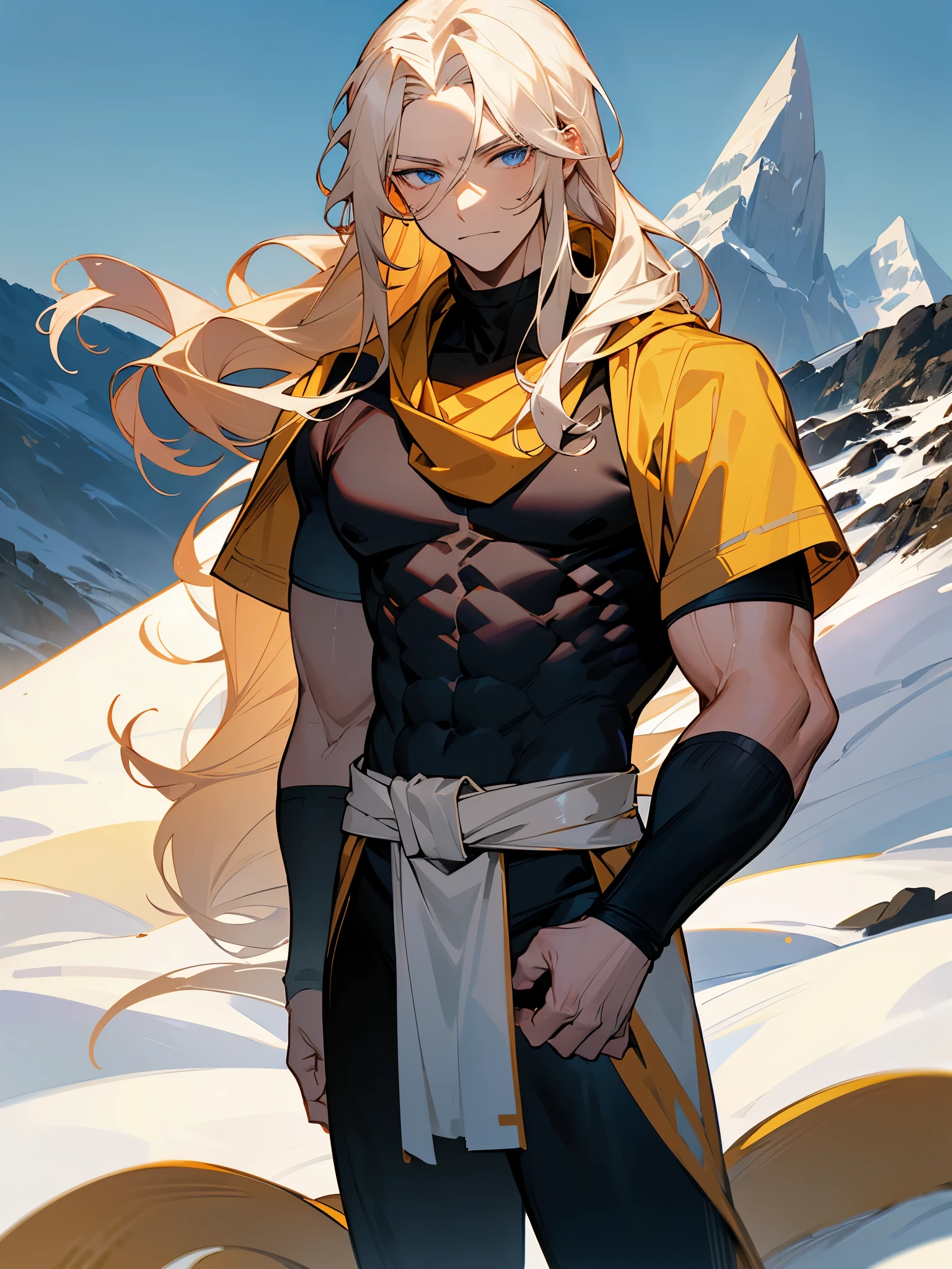 1male , Calm Expression , Muscular Build , Adult Male , Black Shortsleeve Compression Shirt  , Golden Scarf, Pale Blue Eyes , Pale Blonde Hair , Standing on path , Mountain Background, Smug Expression , Long Wavy Hair , Pale Skin