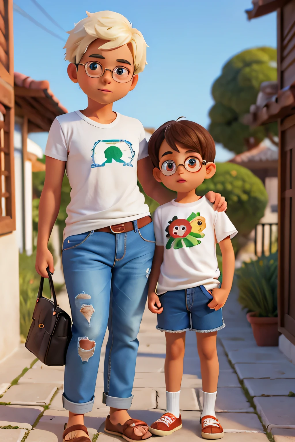 menino de 6 anos , fofo, accompanied by his mother, para livro , com expressao de curioso, fundo branco, cabelos castanho escuro, camisa verde de manga curta, shorts jeans, sem chapeu, sem oculos, sem cinto, com mochila nas costas