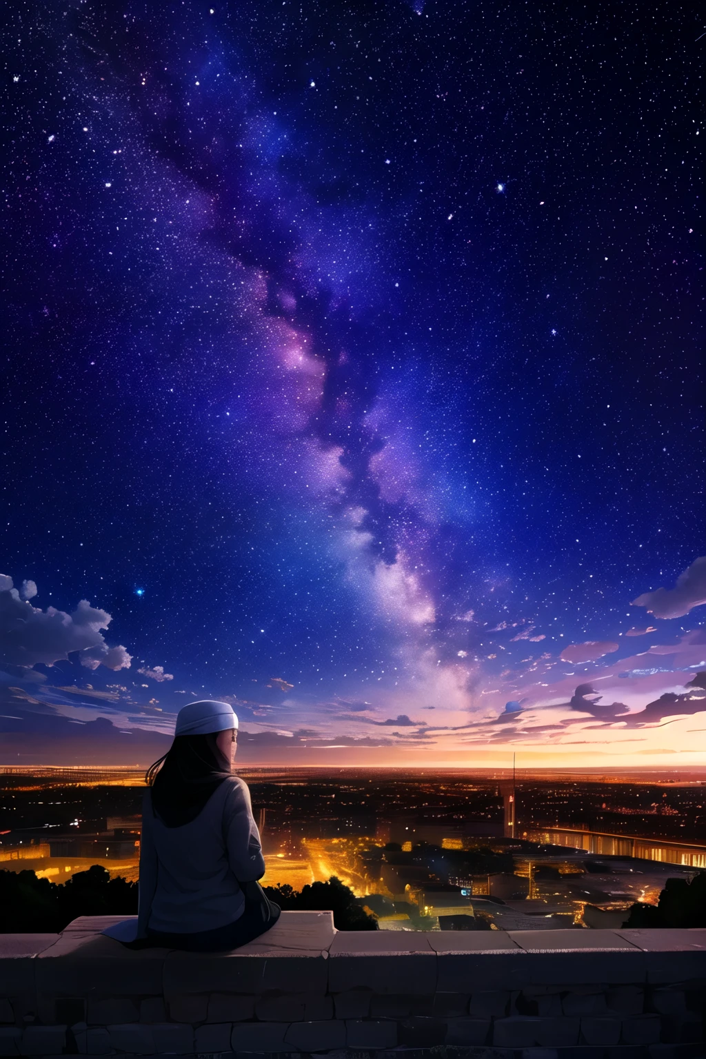 octans, sky, star (sky), scenery, starry sky, ararabian, mosque, night sky, solo, outdoors, building, cloud, milky way, sitting, tree, long hair, city, silhouette, cityscape