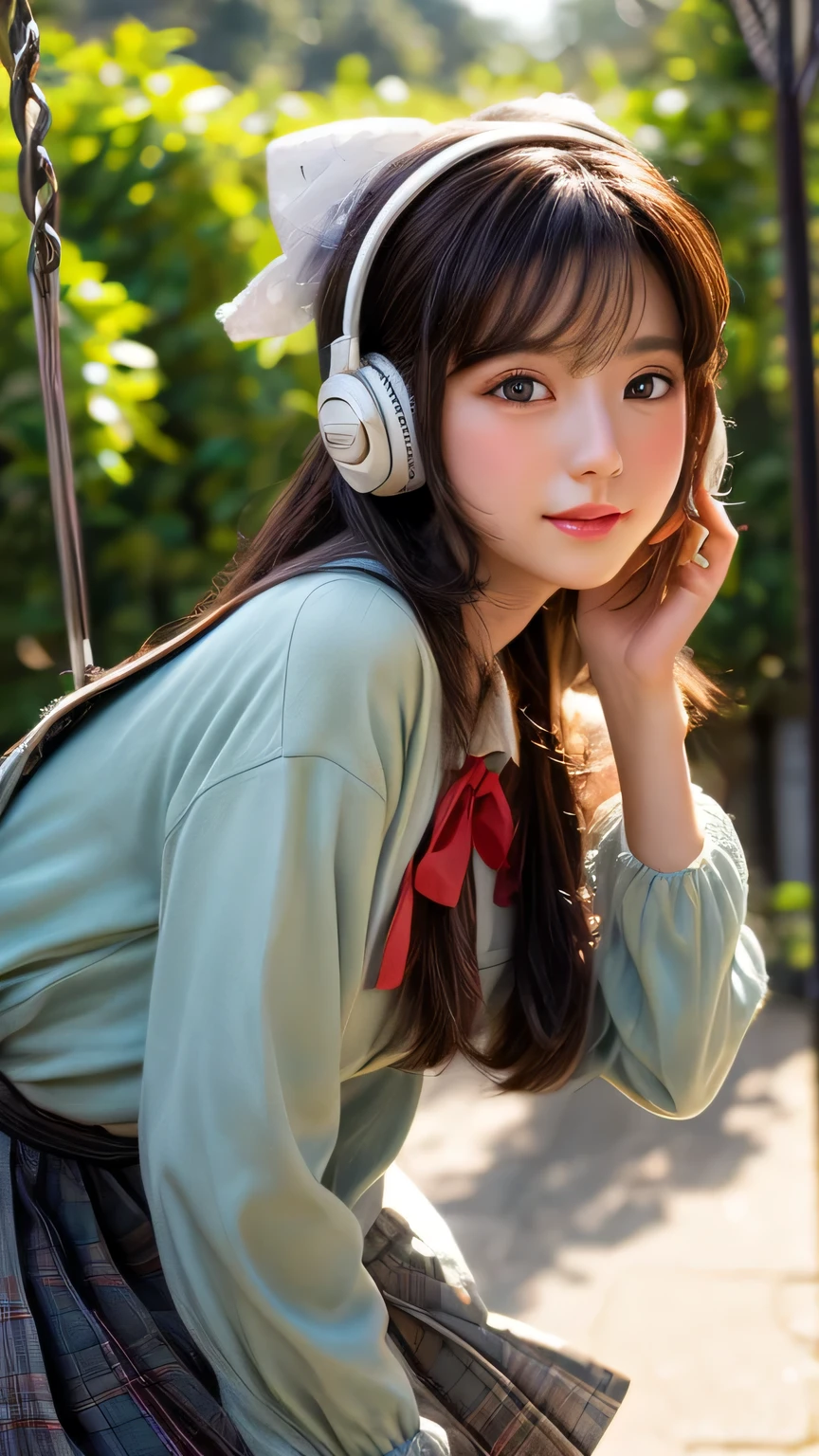 Dragon Ball　bloomers, futuristic scene, Mechanically enhanced Japanese high school girl、Elegant in an elaborate garden. She has beautifully detailed eyes and lips that complement her face. high school girl。.uniform。.。.。.。.。.。14 year old girl.. Around her are bright チューリップ and a quiet carp pond. The scenes are drawn using a combination of illustration and photorealism, Rose,Highly detailed brush strokes and sharpness, bright colors. Lighting that highlights the elegance of the uniform, gives softness to the skin, porcelain shine。. Artwork is of the highest quality, Exquisite costume details on display, Rose, . The overall color scheme is、、、、、、、、、、、、、、、traditional Japanese color combinations, crimson, hang on., bus stop、sit on a swing、Headphones around the neck、Side view、Side view、whole body、cute clothes、from far away、Open the center、Big eyes、random pose、whole body、