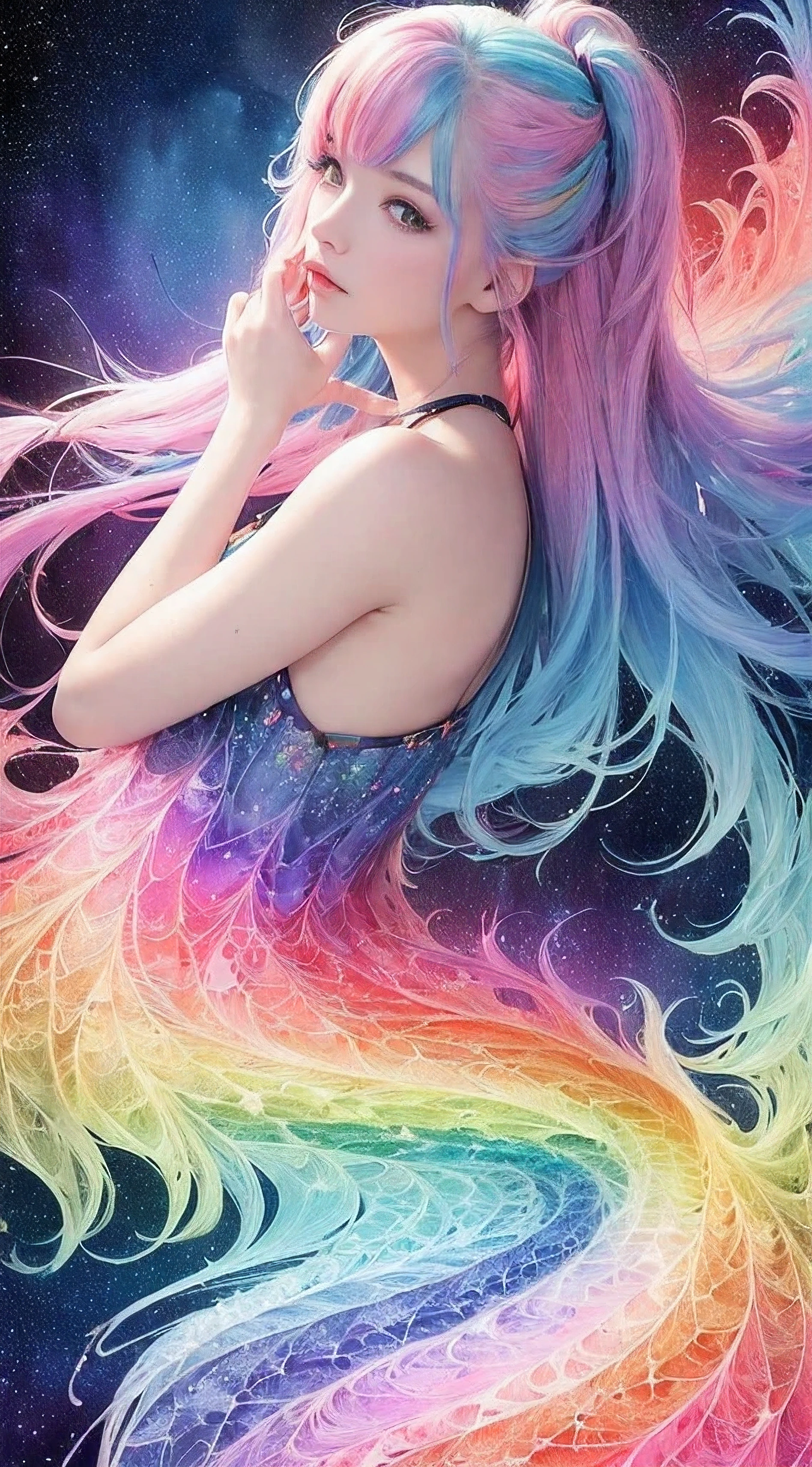 (masterpiece, top quality, best quality,watercolor (medium),official art, beautiful and aesthetic:1.2),(1girl:1.3), (fractal art:1.3),upper body, from side, looking at viewer,patterns,(rainbow color Hair,colorful hair,half blue and half pink hair:1.2),water,liquid, cloud,colorful, starry,stars,