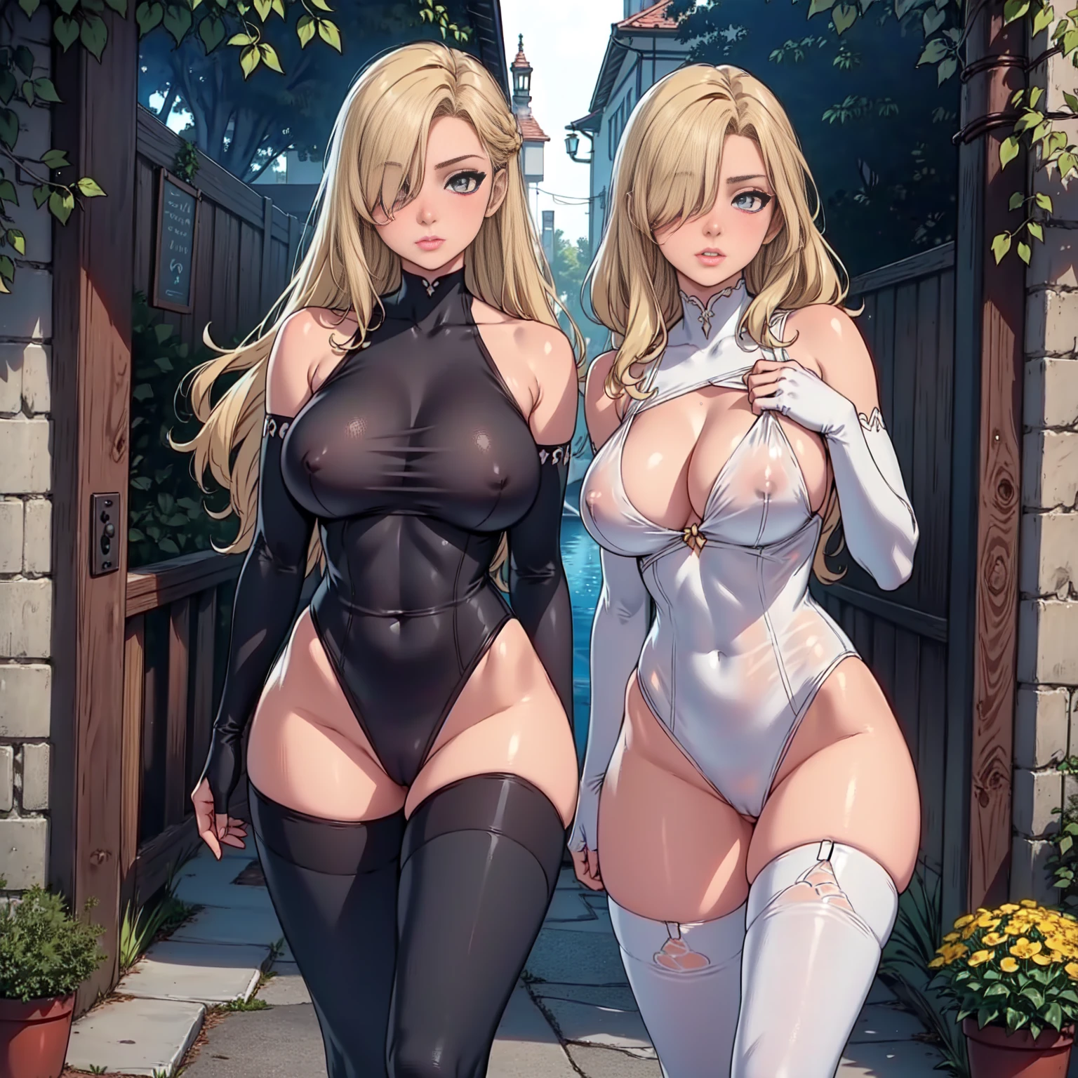 (Elisabeth Liones alone):2, ulzzang-6500-v1.1, (raw photo:1.2), ((photorealistic:1.4)), an extremely delicate and beautiful, finely detail, extremely detailed CG unity 8k wallpaper, incredibly absurdres, huge filesize, ultra-detailed, highres, gorgeous detailed body, (extremely beautiful detailed eyes and face):1.5, light on face, cinematic lighting, ((best quality)), ((masterpiece)), (see through:1.5), professional artwork, muscular abs, wide hips, large breasts, full body, masterpiece, highres, hair over one eye, white transparent tights highs, bridal gauntlets, white turtleneck, elbow gloves, walking on a garden, embarrassed, (very tight and transparent white leotard detailing breasts and shaved pussy).