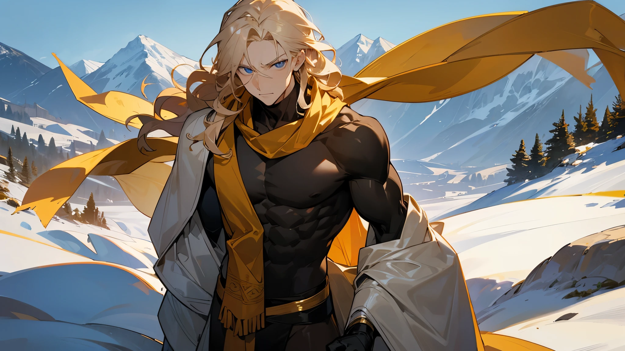 1male , Calm Expression , Muscular Build , Adult Male , Black Shortsleeve Compression Shirt , Golden Scarf, Pale Blue Eyes , Pale Blonde Hair , Standing on path , Mountain Background, Smug Expression , Long Wavy Hair , Pale Skin
