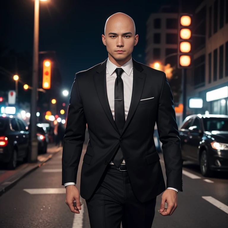 A bald, 25-year-old man wearing a suit and tie walks down the street at night. Holding a realistic shotgun, man in black, wearing a black suitและสีแดง, Wear a business suitที่เข้มงวด, wearing a black suit, Wear a business suit, wearing a black suit, Wear a business suit, Wear a business suitสีดำ, in strict clothing, Professional photos with good lighting, Handsome Chad Chin, A great and beautiful portrait. Shot with a high quality Fuji 45 camera.,000,000 hyper realistic chili cells