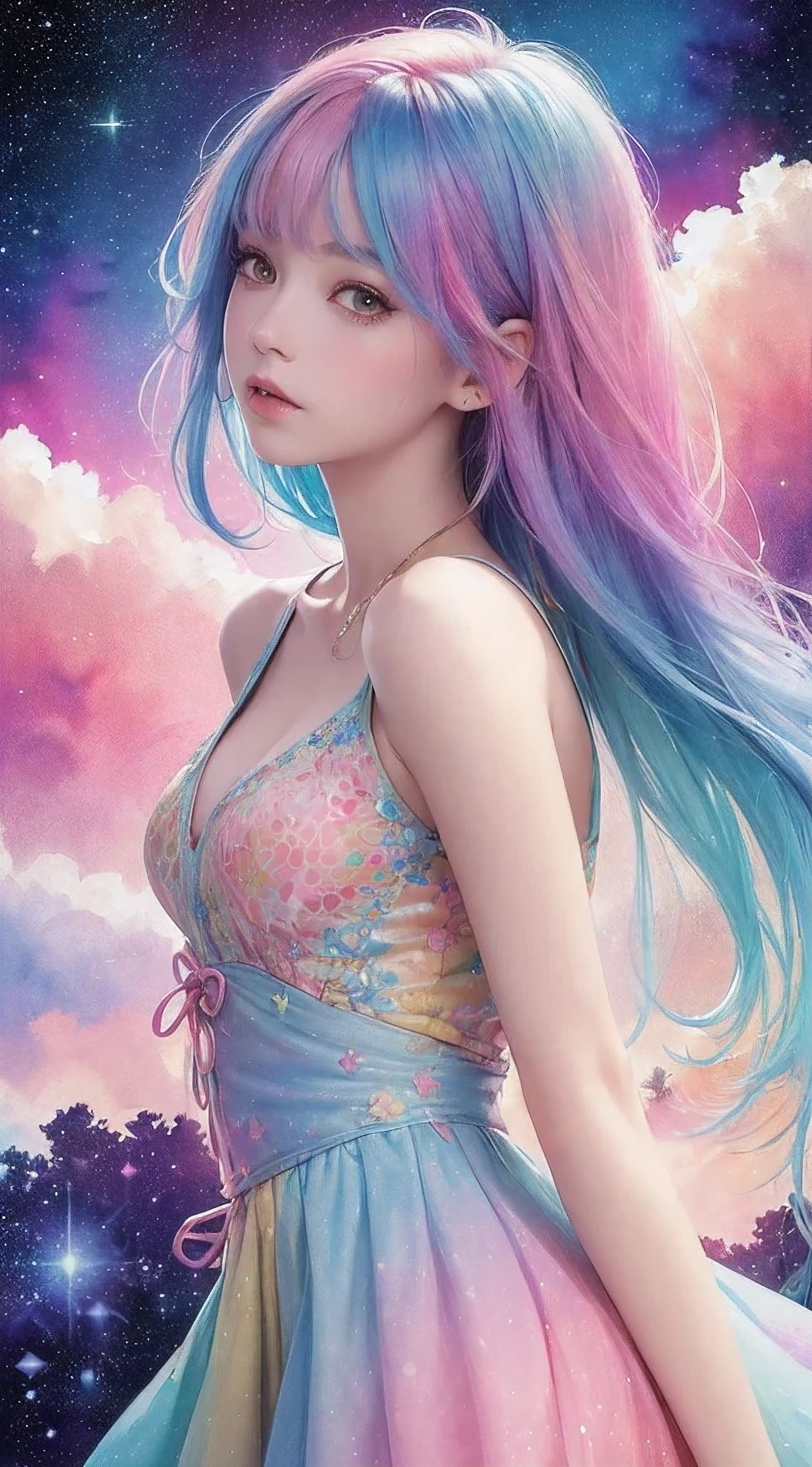 (masterpiece, Top quality, best quality,watercolor (Moderate),Official Art, beautiful and aesthetic:1.2),(1 Girl:1.3), (Fractal Art:1.3),Upper Body, from the side, Looking at the audience,model,(Rainbow Hair,rich and colorful hair,Half blue half pink hair:1.2),water,liquid, cloud,rich and colorful, Starry Sky,Star,