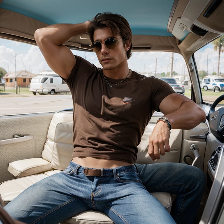 Gypsy male muscles jeans Nike T-shirt caravan site brown shirt hair Valentino shades guccibag