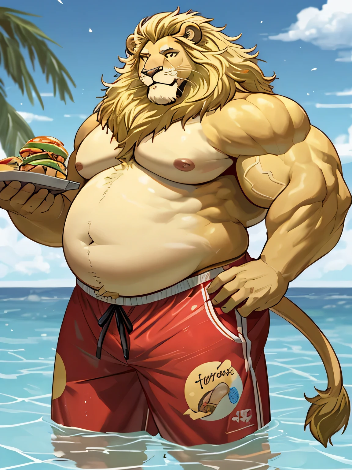 Lion, Male, big blonde mane, menton blond, yeux verts, not muscular, corp gras, gros ventre, obese, tight and very tight swim trunks, torse nu, dans un fast food avec un hamburger