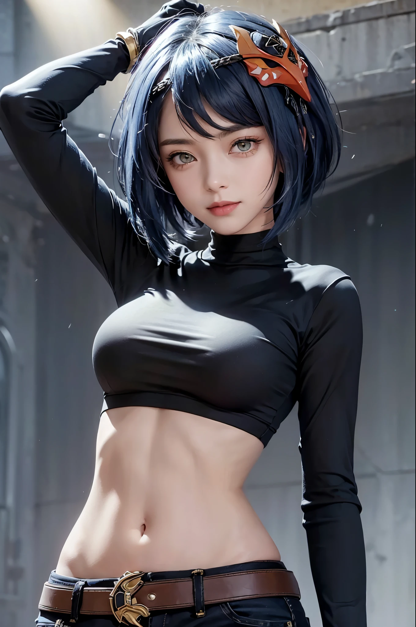 (long sleeved top, long skinny jeans, iron belt), ((midriff, navel)), smile, looking at viewer, plain background, standing, (cinematic lighting, best quality, masterpiece, high details, best quality, highres, HD, 4K, 8k, super detail), best quality, masterpiece, (kujou sara:1.3 mask on head, blue hair, short hair, yellow eyes, gloves)