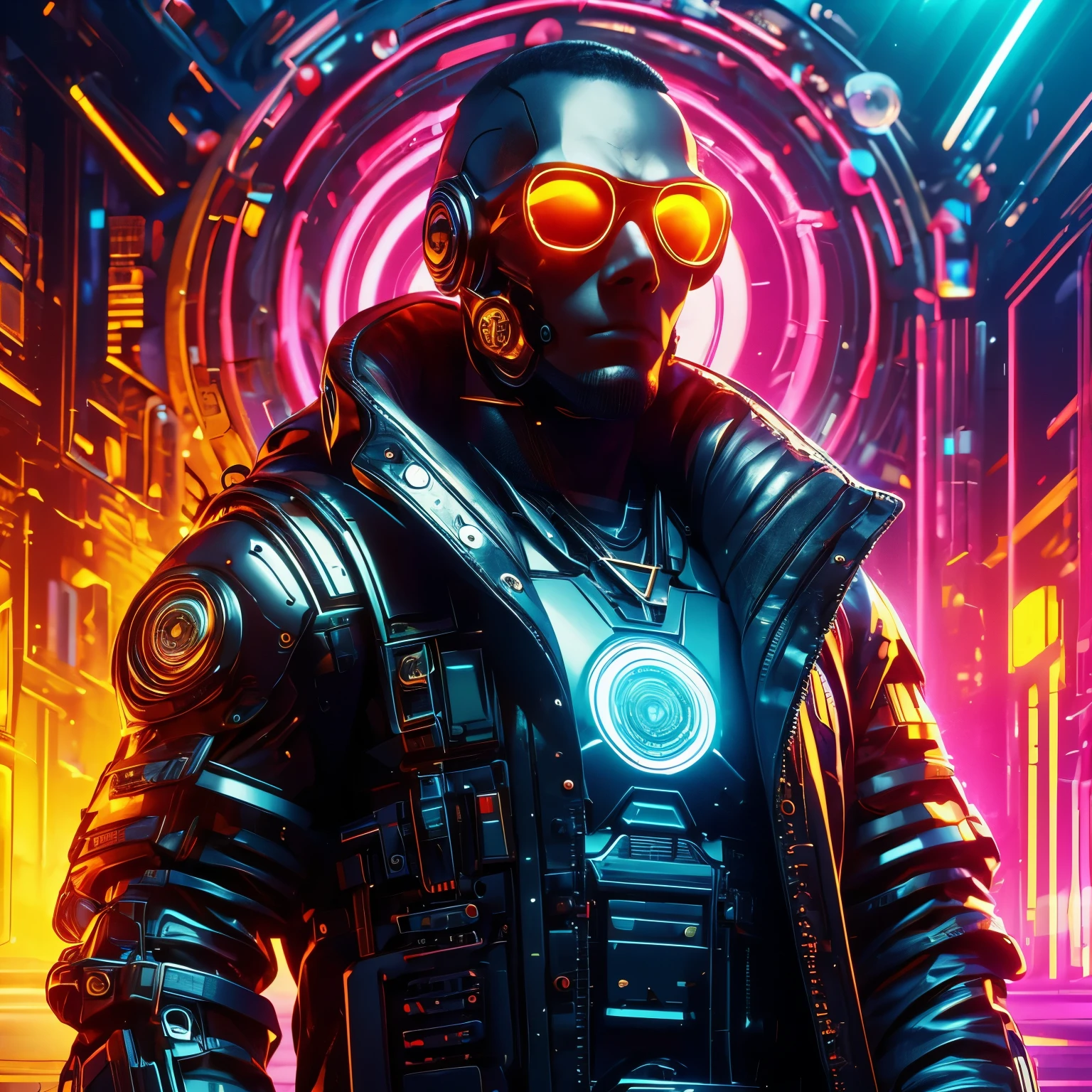 Machine, Cyberpunk, Black Leather Coat, Gold Chain, Skull Head, High-Beam Eyes, high-res portrait, Full Body, fantasy, vibrant colors, soft lighting, 3D, HDR, Very Detailed, HD, 8K genuine, Masterpiece, Background, Cyberpunk City, RTX