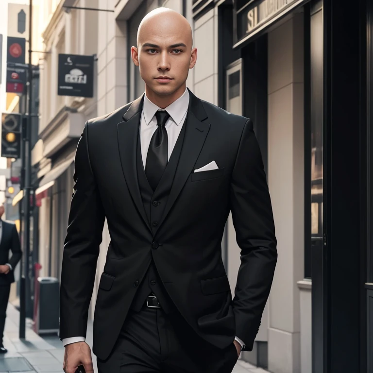 A bald, 25-year-old man wearing a suit and tie walked down the street. Outdoors in the city, the sunlight shone brightly, a clear face looking intently straight. Holding a realistic shotgun, man in black, wearing a black suitและสีแดง, Wear a business suitที่เข้มงวด, wearing a black suit, Wear a business suit, wearing a black suit, Wear a business suit, Wear a business suitสีดำ, in strict clothing, Professional photos with good lighting, Handsome Chad Chin, A great and beautiful portrait. Shot with a high quality Fuji 45 camera.,000,000 hyper realistic chili cells