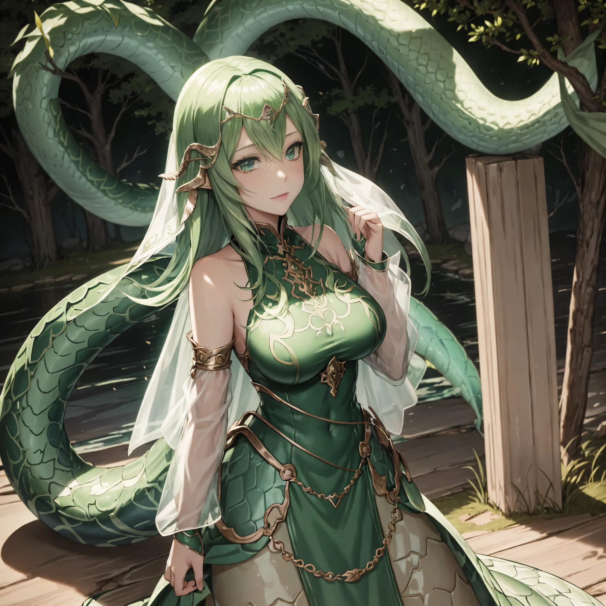 Lamia. metallic green fashion. face veil. long gloves. eyes motif hair ornament. swamp. anime style. full body image.