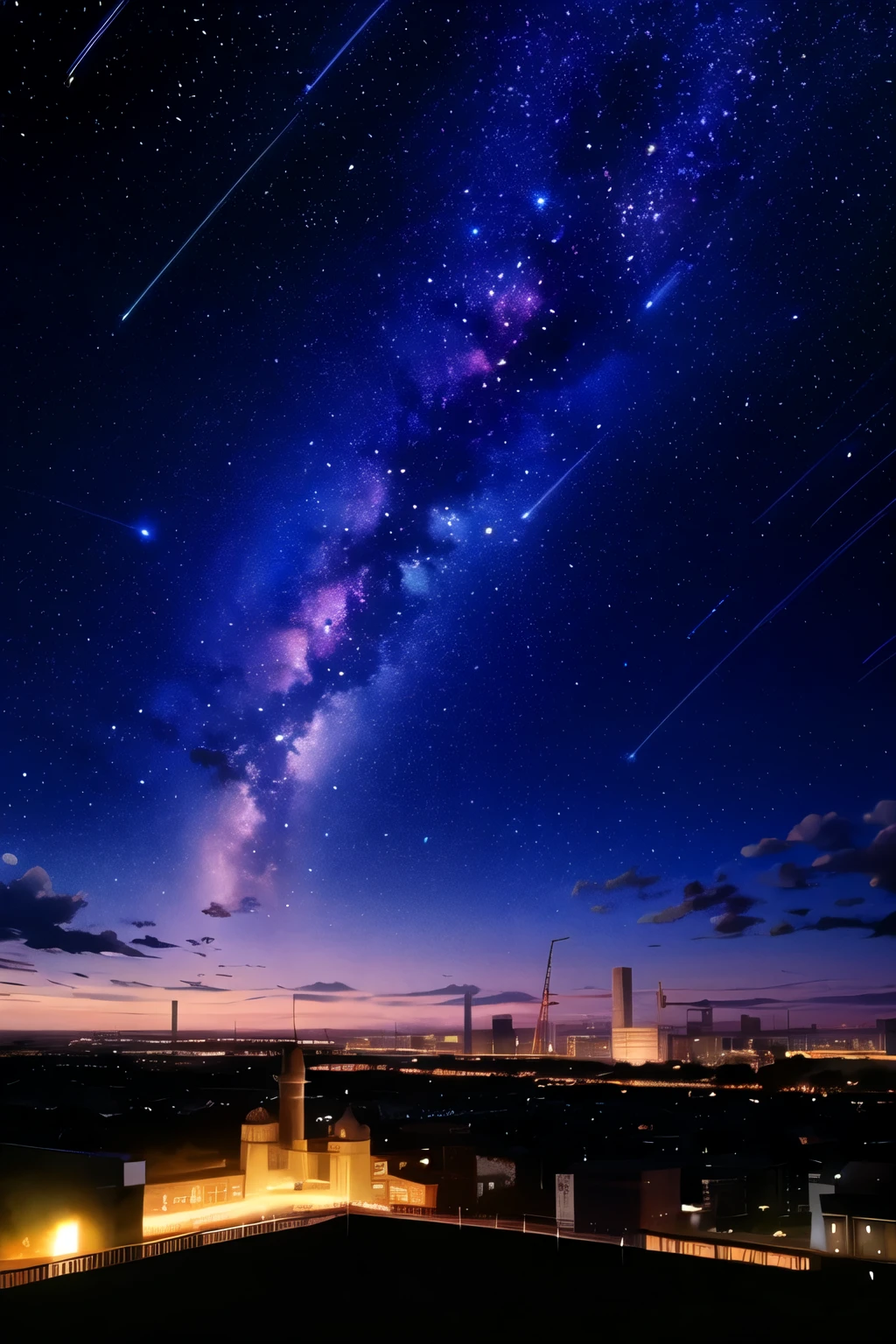 octans, sky, star (sky), scenery, starry sky, ararabian, mosque, night sky, solo, outdoors, building, cloud, milky way, moon, sitting, tree, long hair, city, silhouette, cityscape, bulan ramadhan, di hiasi lampu lentera