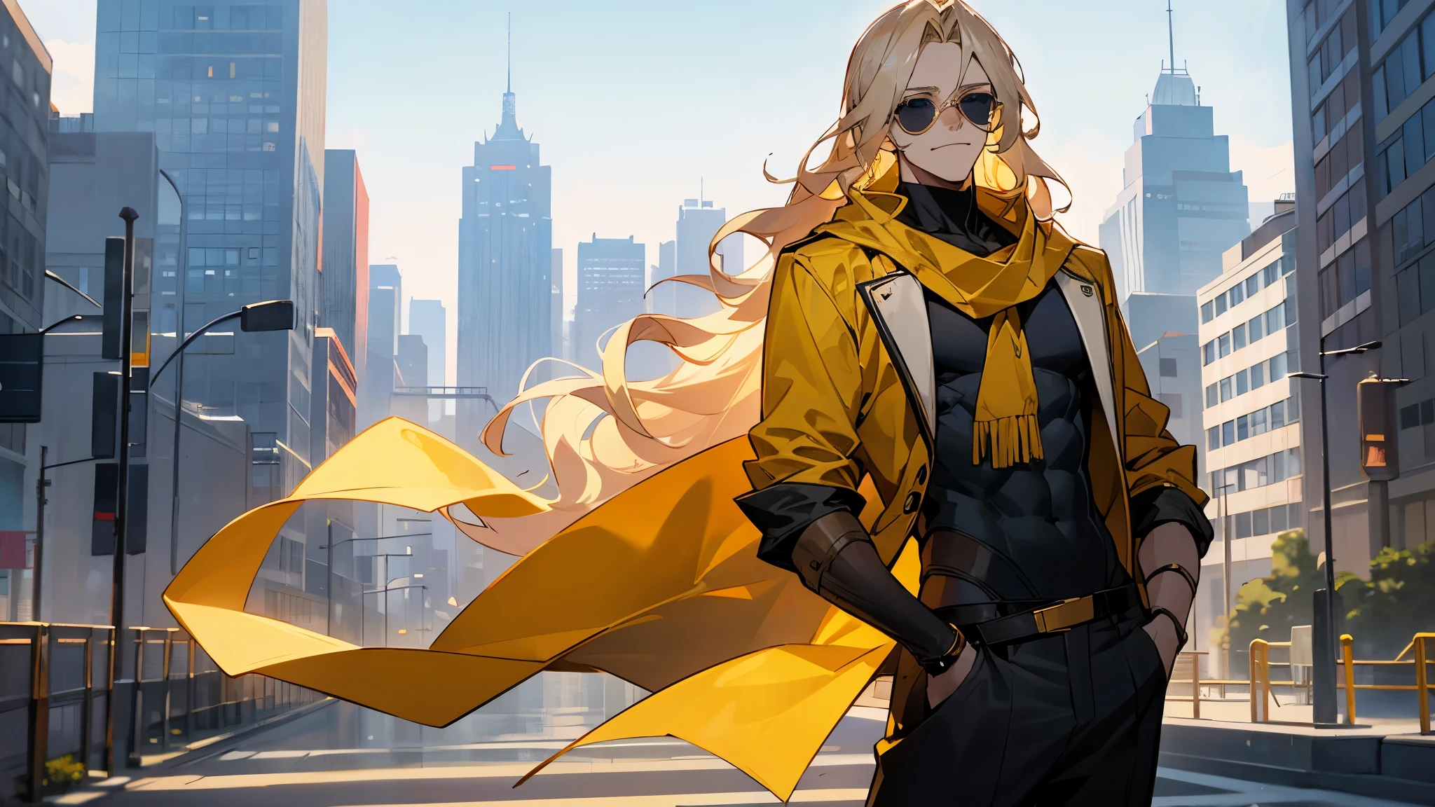 1male , Calm Expression , Muscular Build , Adult Male , Black Shortsleeve Compression Shirt , Golden Scarf, Pale Blue Eyes , Pale Blonde Hair , Standing on path , city background, Smug Expression , Long Wavy Hair , Yellow Jacket, pale skin, sunglasses,
