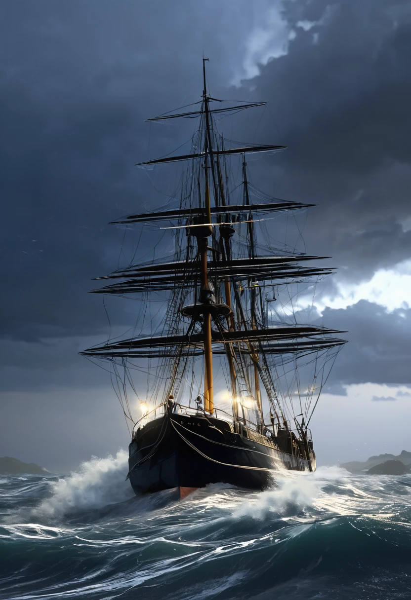 realistic, 8Kat seain rough seastormy, gales nightthunder flashes