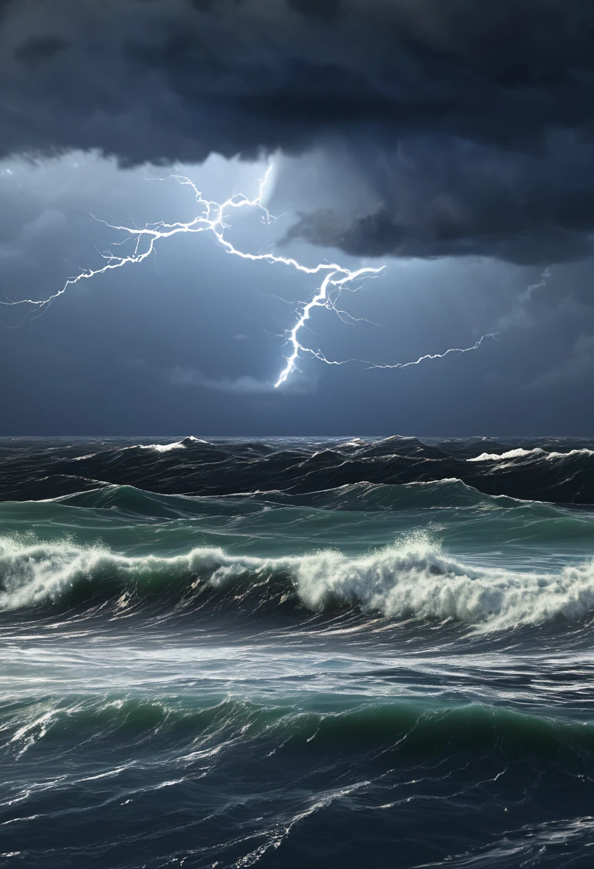 realistic, 8Kat seain rough seastormy, gales nightthunder flashes