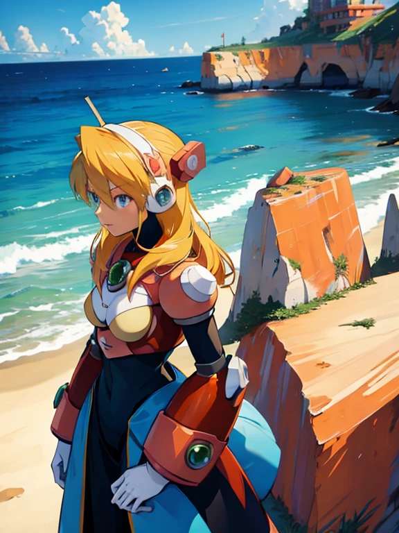 alia_megamanx, 1girl, side shot, breasts, blue eyes, blonde hair, android, long hair, robot ears,taking sun, overlooking the ocean on the edge of a rock, in the style of avian-themed, realistic yet stylized, villagecore, azure, orange and azure, dragoncore, multi- view