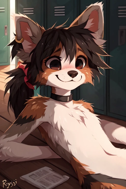 locker room, dark, beautiful illustration, ((by reysi)), Furry, ((Australian Shepard)), (solo), ((slender)), dark fur, white hair, ponytail, (()), ((female)), short, flat chest, (black mascara, ear ring, tight choker, short tail, embarassed, nervous smile, sad eyes, shaking motion lines), (nude, laying on back, trying to cover crotch)