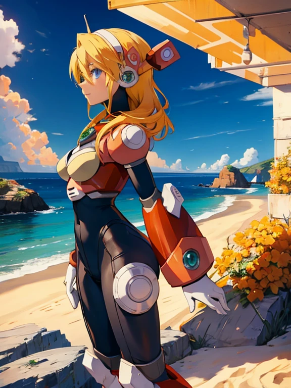 alia_megamanx, 1girl, side shot, breasts, blue eyes, blonde hair, android, long hair, robot ears,taking sun, overlooking the ocean on the edge of a rock, in the style of avian-themed, realistic yet stylized, villagecore, azure, orange and azure, dragoncore, multi- view