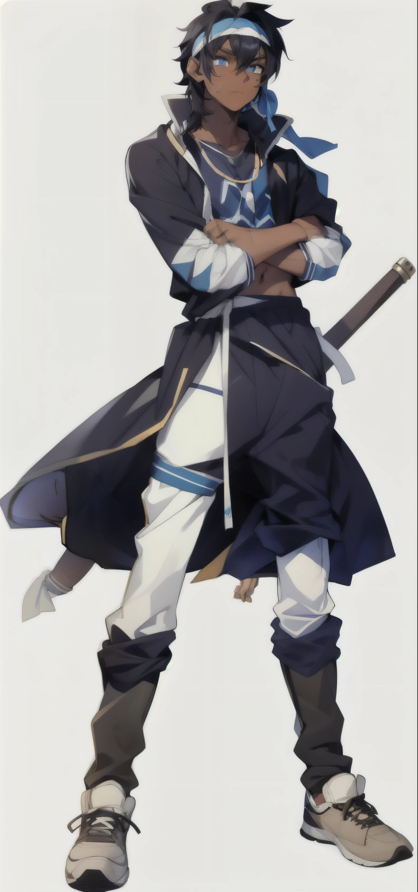 Boy, teen, dark skin, black hair, messy hair, blue eyes, long-sleeved shirt, sweatpants, white headband