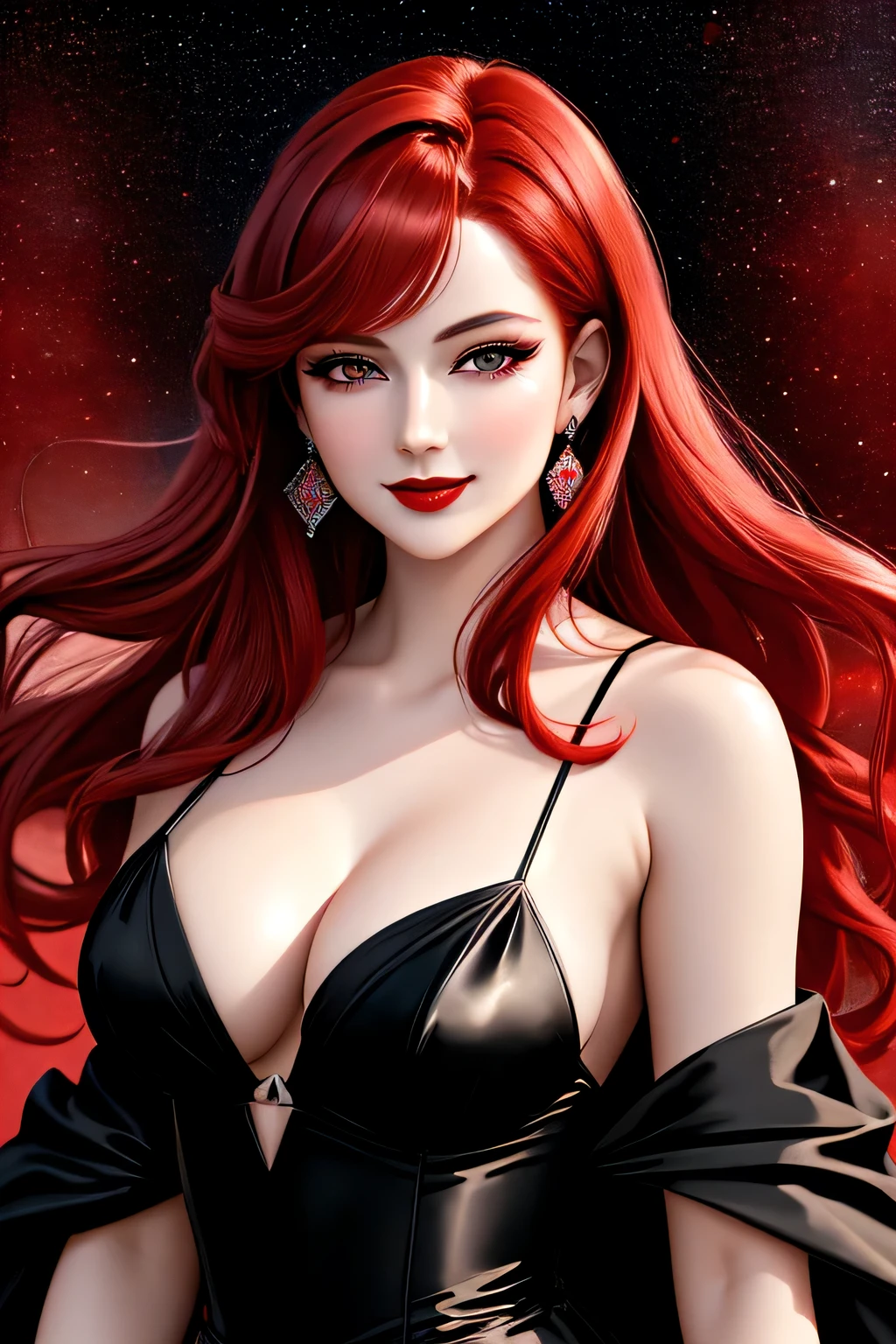 (Masterpiece, Best Quality:1.3), absurdres, (8k resolution), illustration, ((outline, thick lineart)), (faux traditional media:1.3), looking at viewer,(masterpiece,best quality),HDR,high-definition,[[Intricate Details]],cinematic,photorealisticportrait shot, ((vivid red hair)), mature woman, 30 years old, diamond face, moonlight, red starry sky background, depth of field, magic, big red lips, ((dark black eyes)) black and red long and full dress, covered chest, mystical atmosphere, smile expression, posing, taut and well defined body, attractive. Highly realistic, pale skin, beautiful, hyperrealism, skin very elaborated, direct gaze
