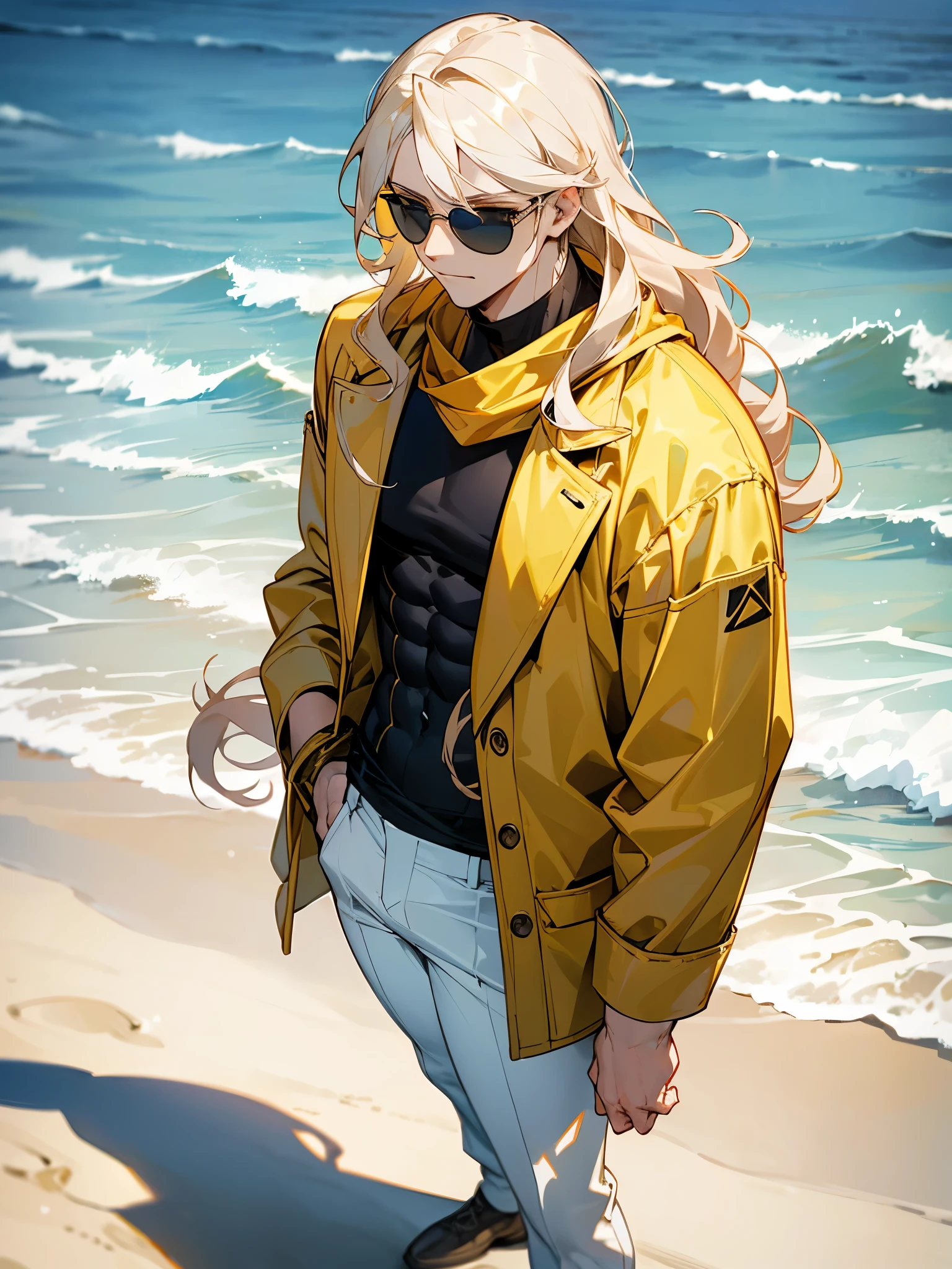 1male , Calm Expression , Muscular Build , Adult Male , Black Shortsleeve Compression Shirt , Golden Scarf, Pale Blue Eyes , Pale Blonde Hair , Standing on path , beach background, Smug Expression , Long Wavy Hair , Yellow Jacket, pale skin, sunglasses, white pants
