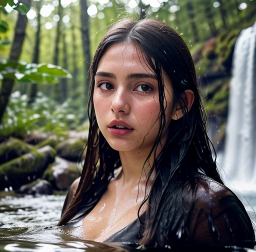 Symmetrical, High Detail RAW Color Photo Professional Photo, [:( High Detail Face: 1.2): 0.1], (lora:PJ DH), Double braids, pores, real skin, breast focus, straight up, an 20 year old woman under a waterfall, body in contact with water and ripples around, clear clean water, shining eyes, looking at the audience, wet clothes, transparent clothes, wet body, wet hair, Tyndall effect, lens flare, shadow,, bloom, natural lighting, hard focus, film grain, photographed with a Sony a9 II Mirrorless Camera, by Laurence Demaison