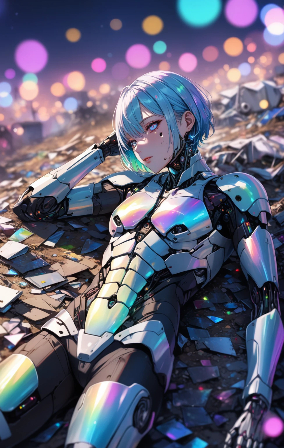 ((1man)), a broken ruined cyborg man in a landfill, robot, beautiful face, body is broken with scars and holes, laying on the ground, 8K, (dynamic perspective), sharp focus, (depth of field, bokeh:1.3), extremely detailed eyes and face, beautiful detailed eyes, hyperpunk scene, cinematic lighting, reflective transparent iridescent opaque jacket, long transparent iridescent RGB hair, ((masterpiece, best quality)), from above, upper body, navel