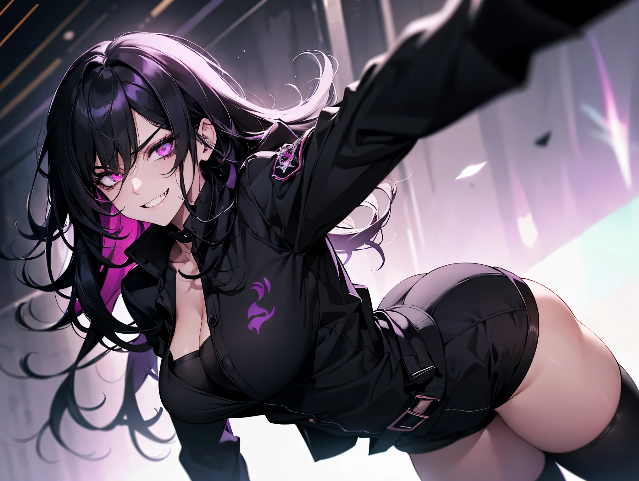 1 female, teacher, wearing a black jacket, revealing tight black shirt, bootyshorts, Thicc, black hair, long hair, purple glowing eyes, face to detail, detailed eyes, the background is a dark closet, showing her fangs, angry but smiling, black markings going straight down her face,