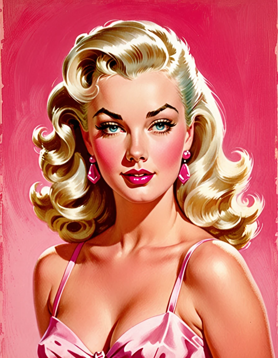 A vintage illustration of an attractive woman with platinum blonde hair, wearing pink in the style of Gil Elvgren and in the style of Frank Frazetta. Pink background. Soft lighting. High contrast.