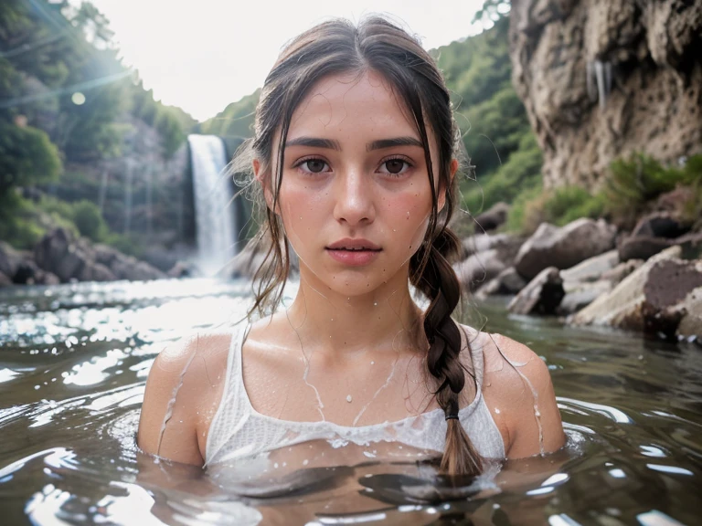Symmetrical, High Detail RAW Color Photo Professional Photo, [:( High Detail Face: 1.2): 0.1], (lora:PJ DH), Double braids, pores, real skin, breast focus, straight up, an 20 year old woman under a waterfall, body in contact with water and ripples around, clear clean water, shining eyes, looking at the audience, wet clothes, transparent clothes, wet body, wet hair, Tyndall effect, lens flare, shadow,, bloom, natural lighting, hard focus, film grain, photographed with a Sony a9 II Mirrorless Camera, by Laurence Demaison