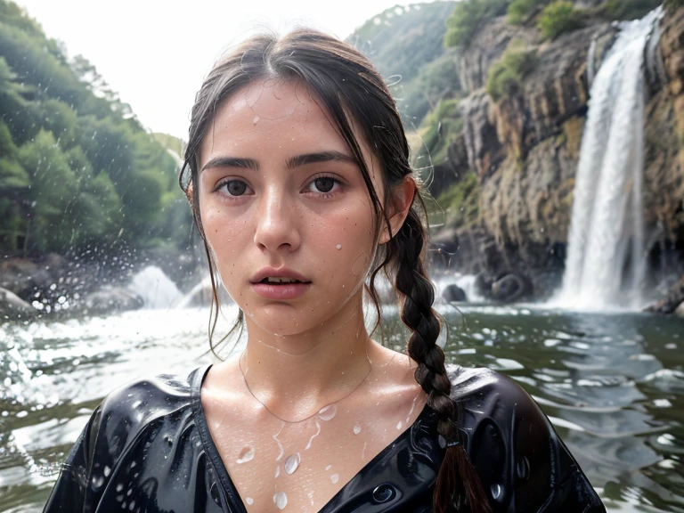 Symmetrical, High Detail RAW Color Photo Professional Photo, [:( High Detail Face: 1.2): 0.1], (lora:PJ DH), Double braids, pores, real skin, breast focus, straight up, an 20 year old woman under a waterfall, body in contact with water and ripples around, clear clean water, shining eyes, looking at the audience, wet clothes, transparent clothes, wet body, wet hair, Tyndall effect, lens flare, shadow,, bloom, natural lighting, hard focus, film grain, photographed with a Sony a9 II Mirrorless Camera, by Laurence Demaison