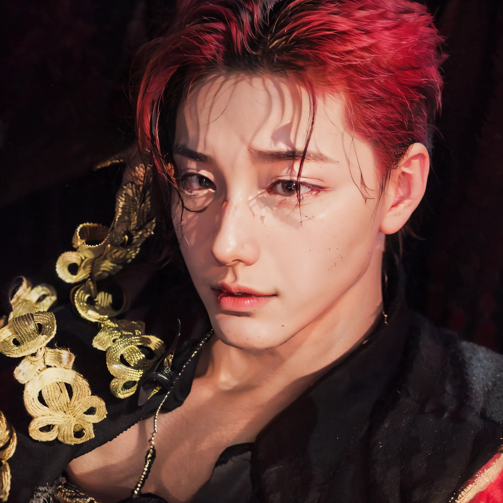 Un primer plano de una persona con el pelo rojo y una chaqueta negra, Cai Xu Kun, hsiao-ron, beautiful androgynous prince, hyung tae, kda, kpop idol portrait, sakimichan, retrato de jossi de blackpink, Hong June Hyung, retrato del cazador cazador hisoka, eso, esojun chengt, jinyoung shin