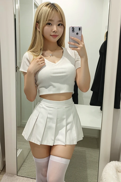 Cute Korean girl with blonde hair wearing a short white skirt with white stockings, and wearing a white shirt taking a mirror selfie