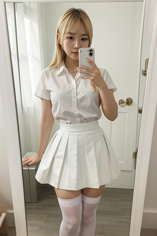 Cute Korean girl with blonde hair wearing a short white skirt with white stockings, and wearing a white shirt taking a mirror selfie